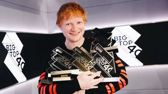 Ed Sheeran pictured with his Number 1 trophies